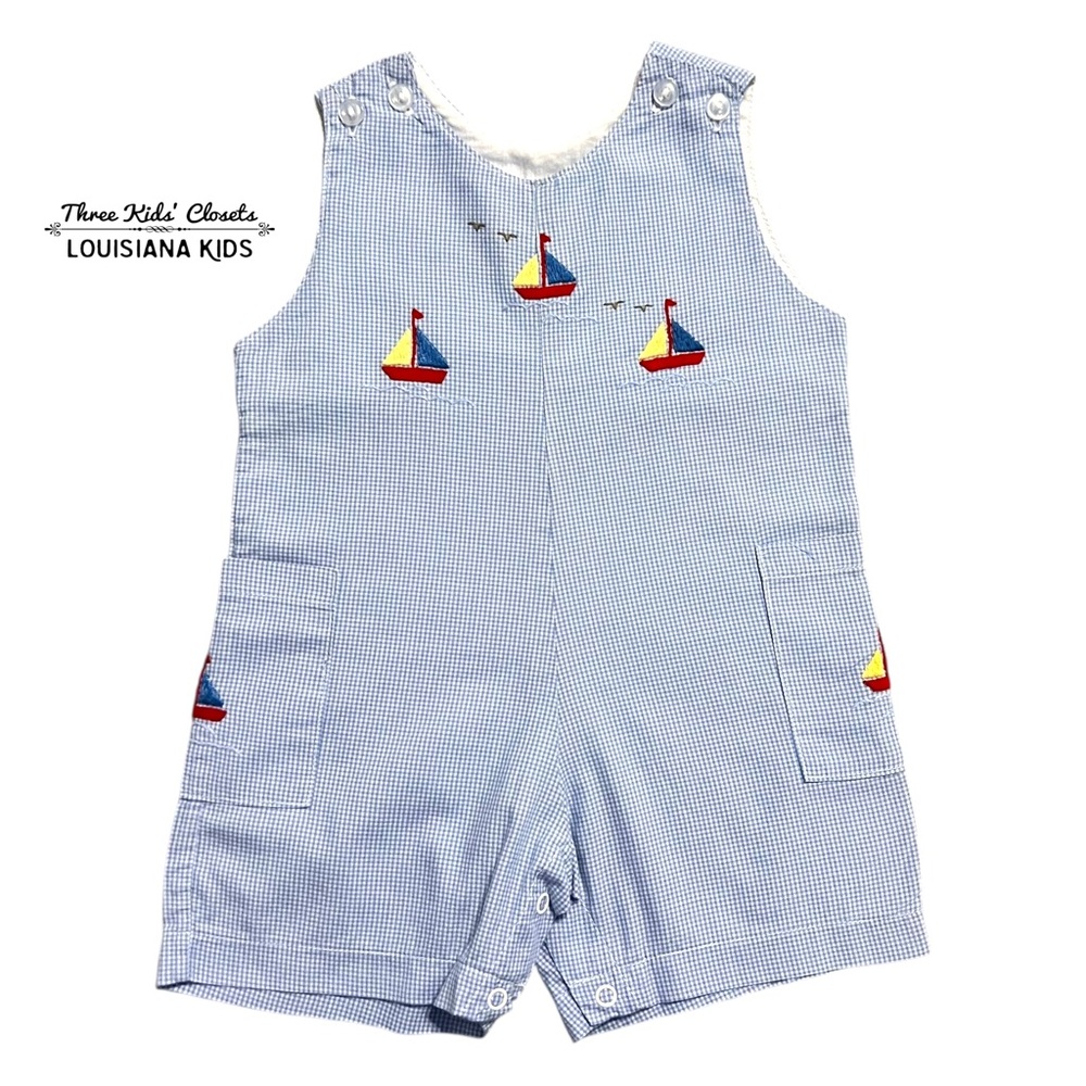 Fantasie Kids 9m Blue Gingham Embroidered Sailboat Shortall Romper